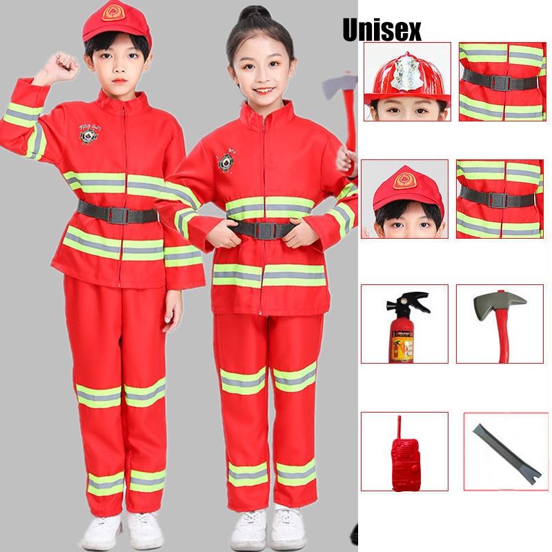 Детский костюм пожарного для переодевания, красный полиэстер, набор костюма пожарного с поясом и кепкой-уточкой