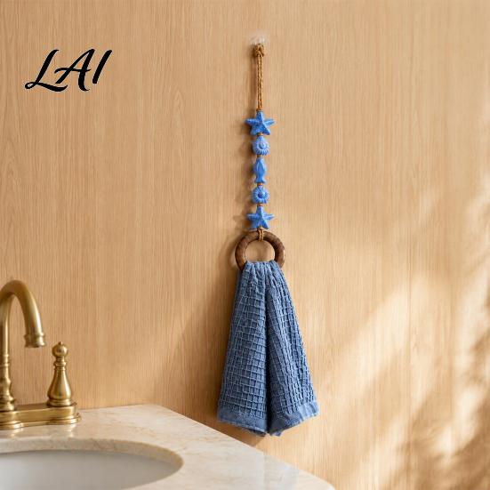 Decorative Wood Bead Towel Hanger Beaded Hanger Bohemian Wall Mounted Ring Hand Kitchen Dish Organizer Holder Hemp Rope Storage Rack for Bathroom