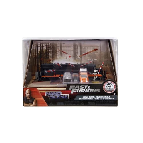 JADA TOYS Nano Scene Fast & Furious Race Scene Railroad Crossing Diorama with Dodge Charger/Toyota Supra Diecast Car Set