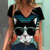 Summer V-neck 3D Cat Printed Top Fashionable Casual Short Sleeved Women's T-shirts