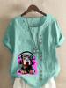 Women's Fashion Colorful Dog Print Round Neck Short Sleeve T-shirt Casual Cotton Linen Graphic Shirt Leisure Loose Summer Blouse Tops