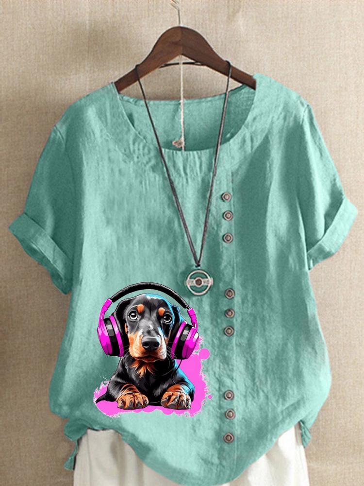 Women's Fashion Colorful Dog Print Round Neck Short Sleeve T-shirt Casual Cotton Linen Graphic Shirt Leisure Loose Summer Blouse Tops