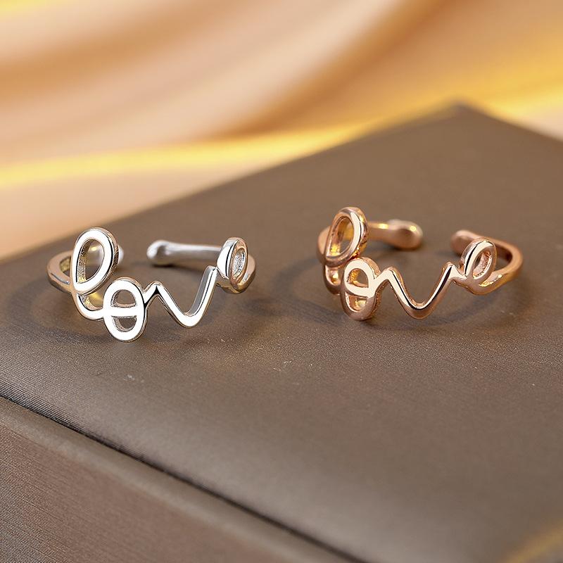 Korean Simple S925 Sterling Silver Open Ring Female Niche Personality Style Ring Stacked with Letters LOVE Ring Jewelry