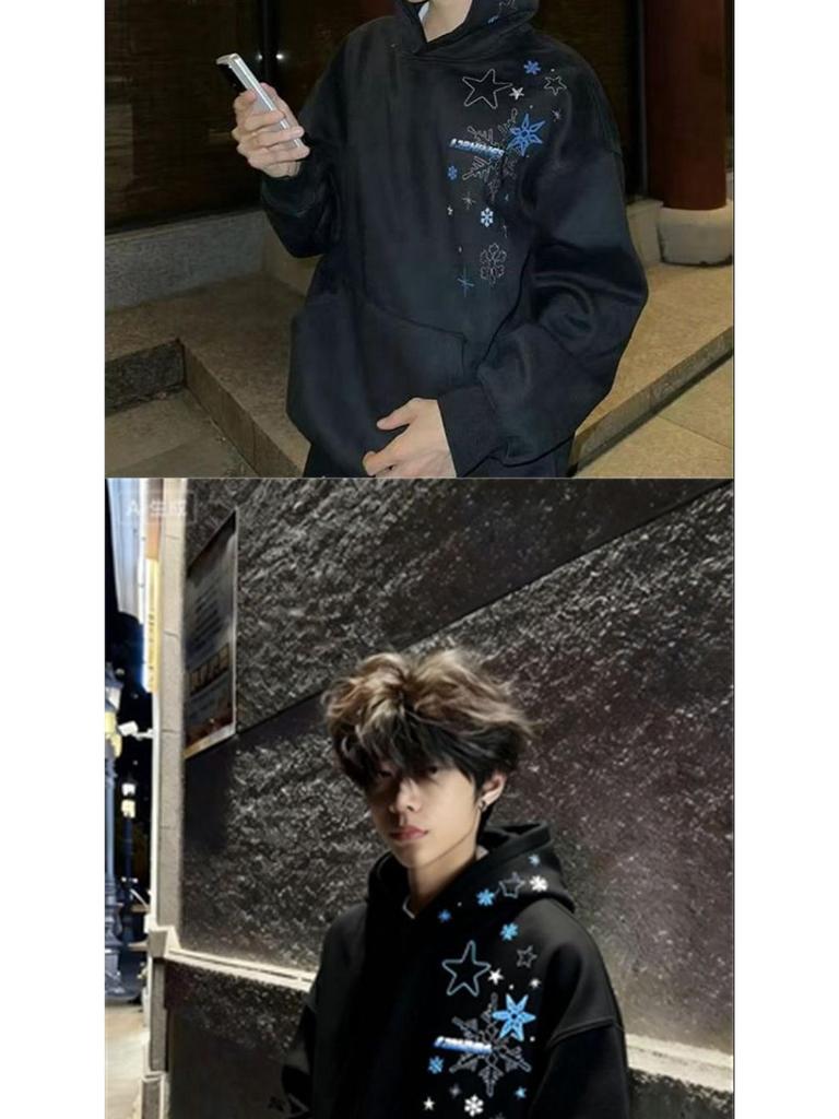 Unisex Retro Snowflake Embroidered Hooded Sweatshirt - Casual Loose Fit for Autumn/Winter