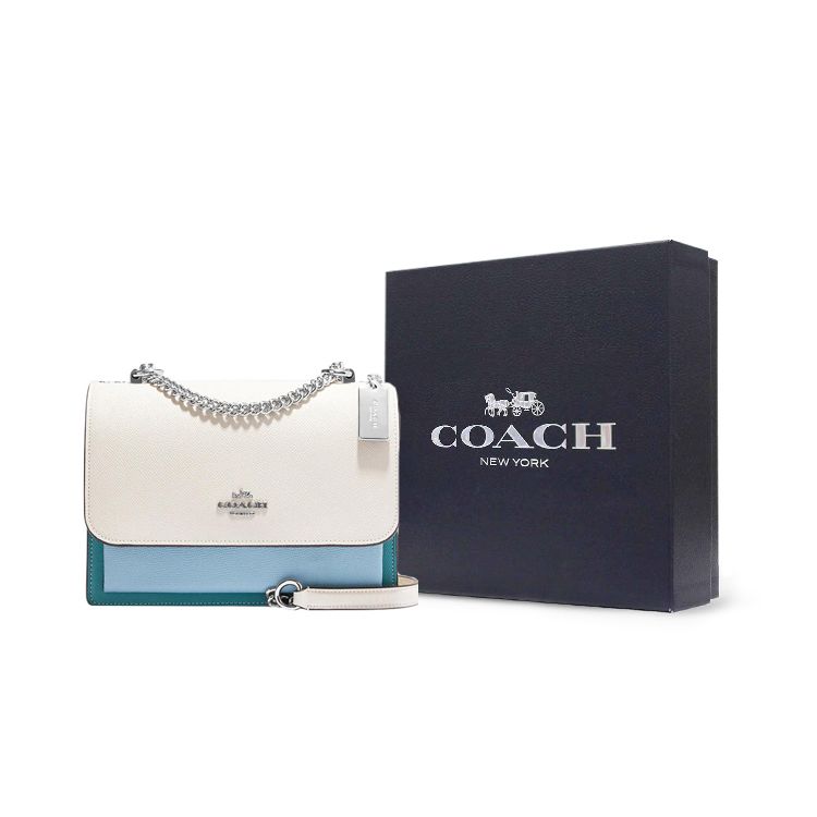 Coach Klare 22 Silver And Gold Letter Logo Plaque Flap Crosshatch Leather Envelope Shoulder Bag Medium Women shoulder bag White Blue CH796-SVCAH