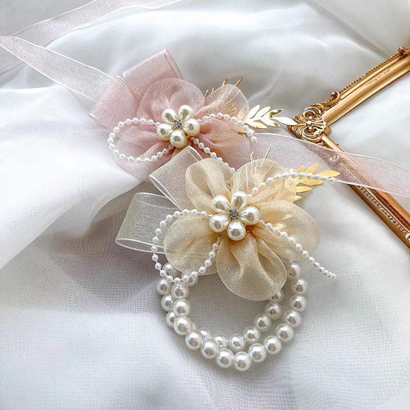 Элегантный милый браслет невесты, свадебный корсаж, эстетика, лента, жемчуг, цветок, украшения для невесты, аксессуары