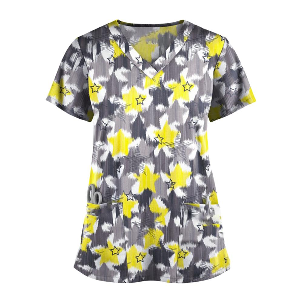 Floral Nursing Scrubs Tops Women Working Uniform Blouse Short Sleeve V-neck Uniform Blusas Nursing Clothes Nurses Tunic Uniform