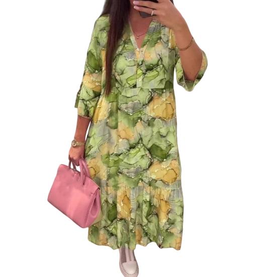 Женское платье макси с цветочным принтом в стиле бохо, летнее свободное платье миди с V-образным вырезом, повседневное платье А-силуэта с длинными рукавами для вечеринок, пляжного отдыха