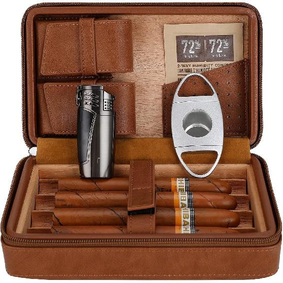 Cigar Travel Humidor, Cedar Wood Leather Cigar Case with Cigar Accessories Gift Set, Brown