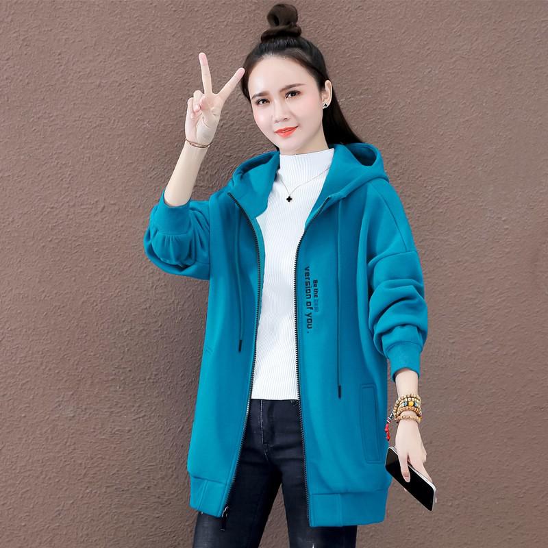 Женская серая толстовка с капюшоном на молнии 2023 года - утолщенный бархат в корейском стиле для осени/зимы