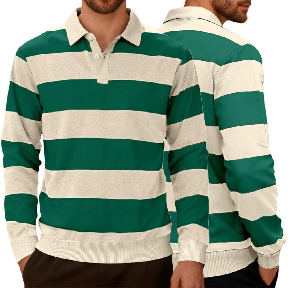 Men Long-sleeved T-shirt 2025 Autumn New Fashion Trend Striped Printing Casual Loose Outdoor Camping Lapel Top Couple POLO Shirt