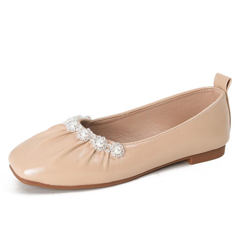 Gentle Pearl Grandmother Shoes Shallow Mouth Square Head Soft Flat Bottom Temperament Single Shoe Female Summer