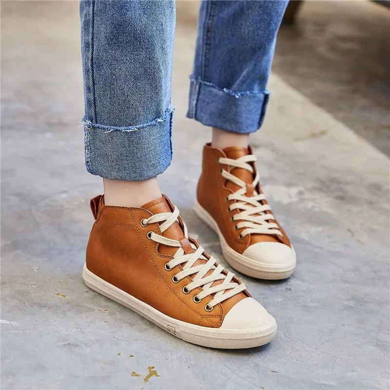 Fashion Women Genuine Leather Sneakers Spring High-top Casual Shoes Autumn First Layer Cowhide Ladies High Top Vulcanized Shoes Sneakers