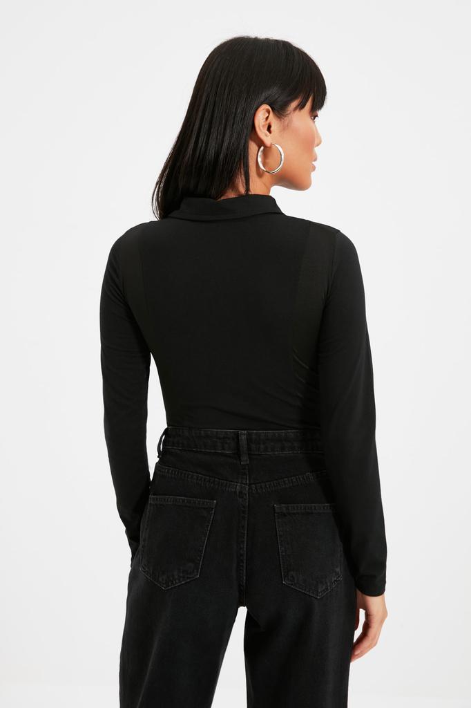 Women's Fashion New Bodysuit Black Zippered Polo Neck Fitted Stretchy Knitted Bodysuit with Snap Fasteners