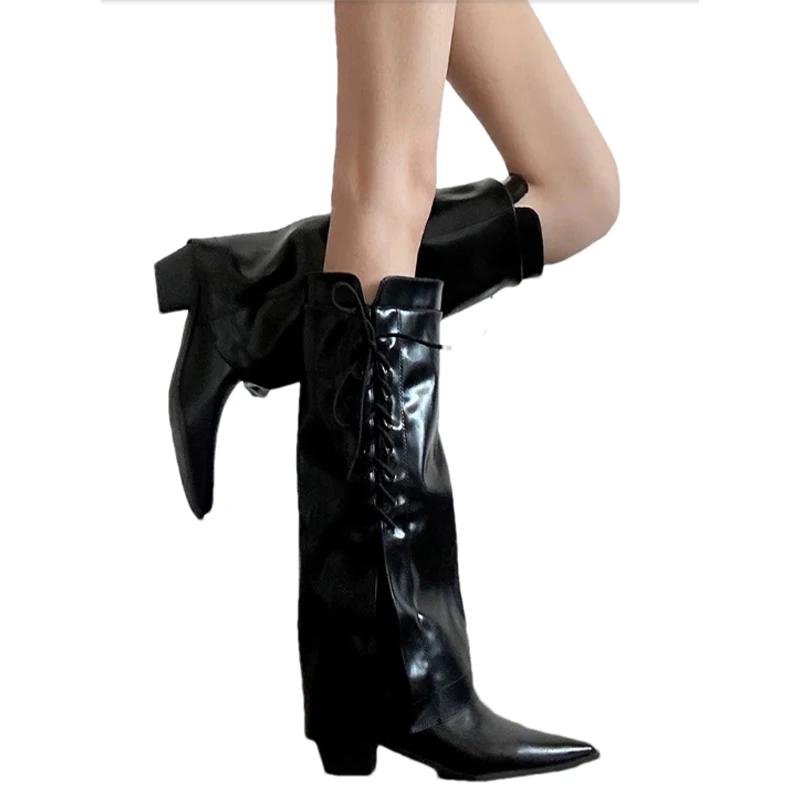 Женские высокие ботинки с острым носком на каблуке Зимние дизайнерские кожаные туфли Женский тренд 2024 Зимние ботинки Элегантные женские ботильоны Челси