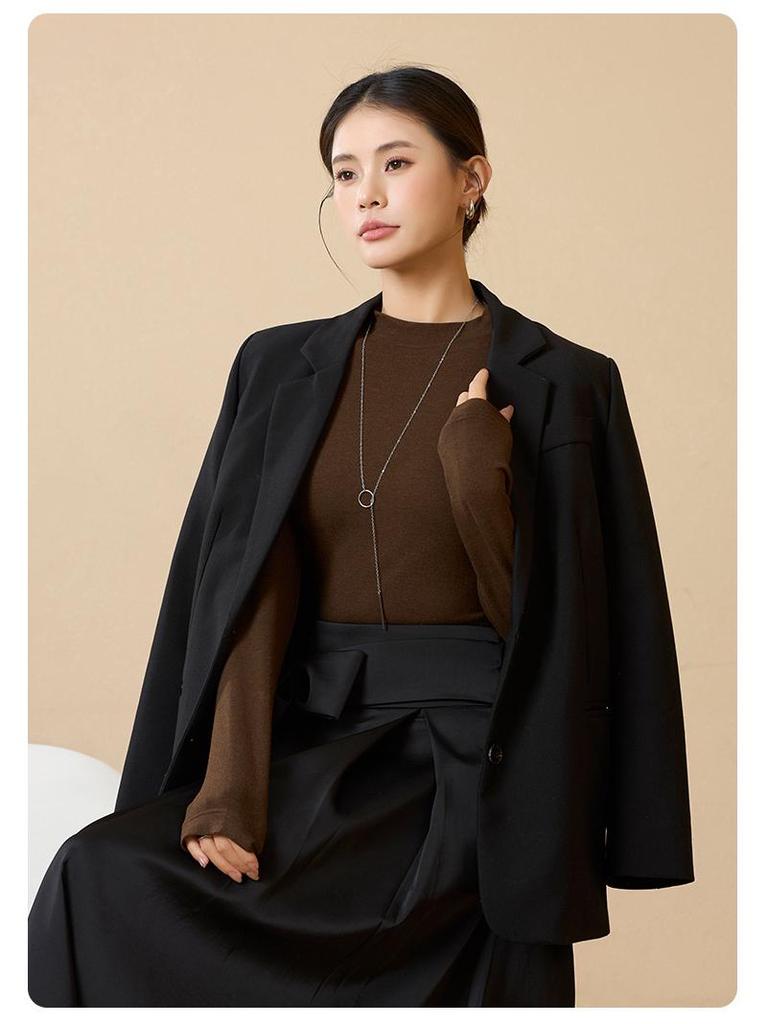 Women's Tencel Wool Acetate High Elastic Stand Collar Slim Fit Long Sleeve Base Layer Top for Autumn/Winter Warmth.