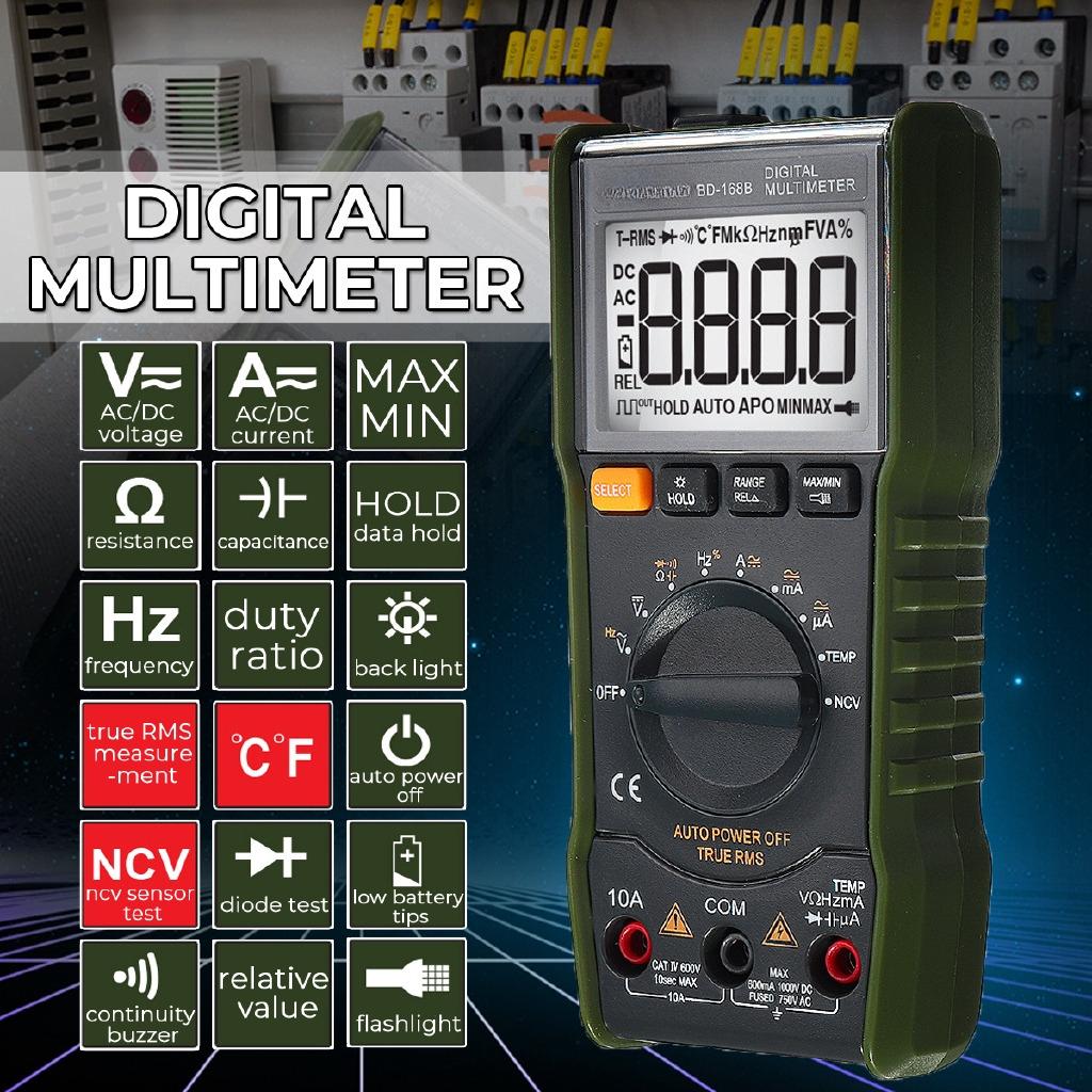 Цифровой портативный мультиметр 168B с автоматическим диапазоном, 6000 отсчетов, ЖК-дисплей с подсветкой, амперметр, вольтметр, измерение напряжения AC/DC, армейский зеленый, новый