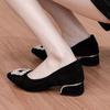 Rhinestone Suede Thick Heel Shoes Spring and Autumn Versatile Pointy Shallow Flat French Black Work Shoes