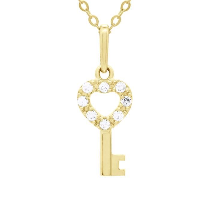 Necklace - Adorned with a Key To My Heart Pendant Set with Zirconium Oxides - Yellow Gold