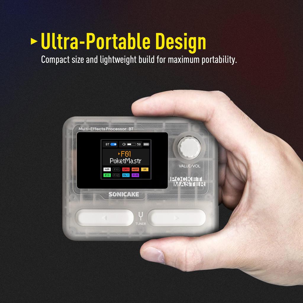 SONICAKE Pocket Master Portable Pedal with Amp IR Cabinet Stereo OTG USB Audio Rechargeable Multi-Effects 100+ Built-in Guitar/Bass/Acoustic Effects,