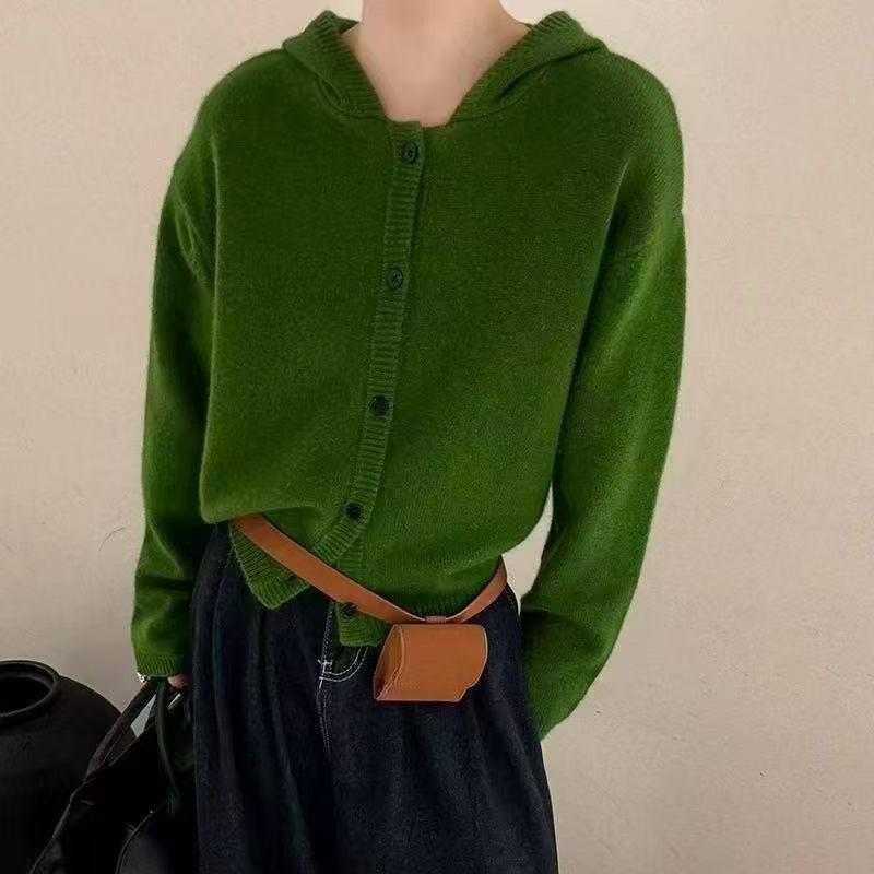 Ретро осенне-зимний новый повседневный вязаный кардиган с капюшоном для женщин свободный мягкий восковой тонкий свитер-куртка для женщин