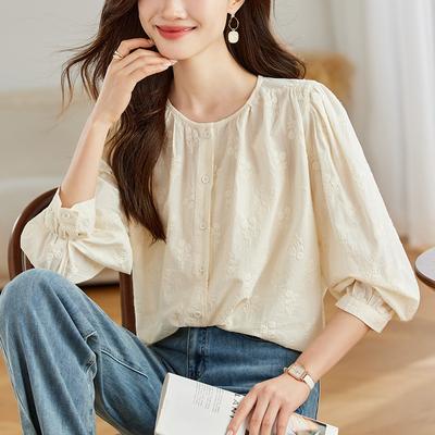 Блузка с жаккардовым узором и круглым вырезом для женщин, Весенняя новинка, Повседневная, Свободная, Приталенная блузка для женщин