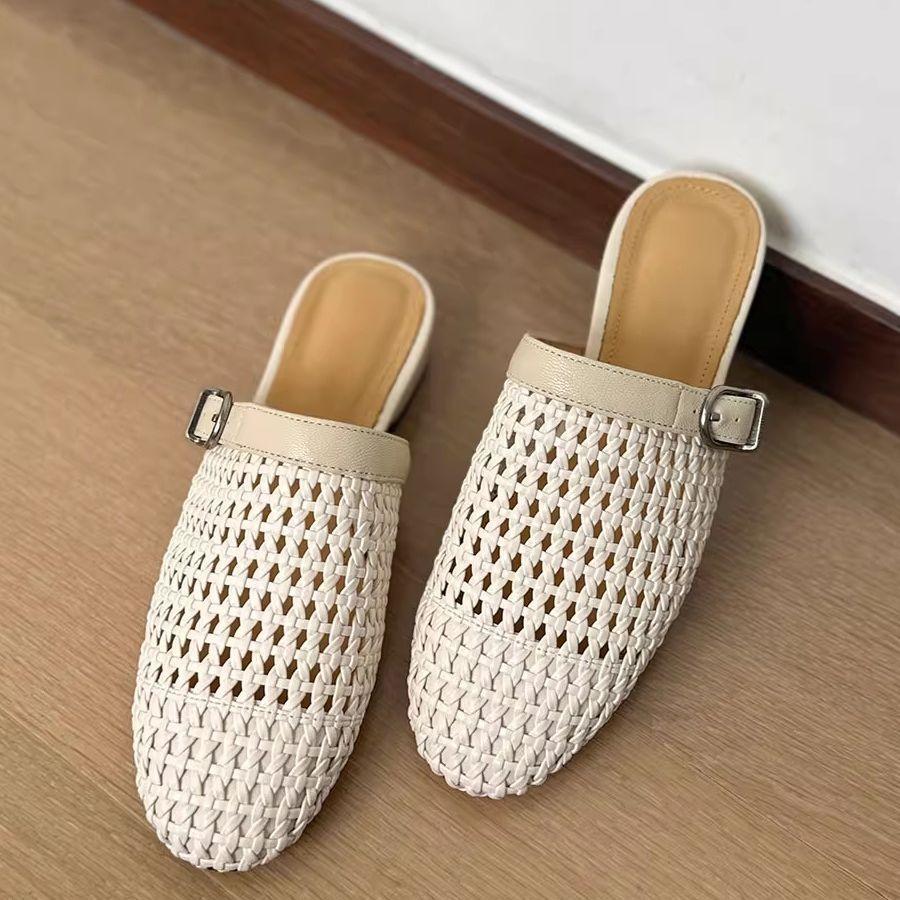 Niche Woven Hollow Baotou Half Slippers Women's 2025 Summer New Outer Wear Flat-soled Muller Shoes Sandals Hole Shoes
