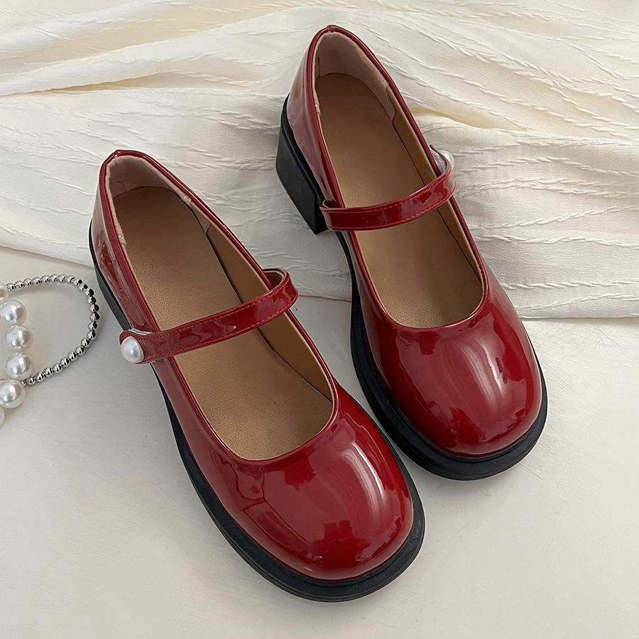 Женские кожаные туфли в стиле ретро с круглым носком и жемчужными высокими каблуками на мелком каблуке