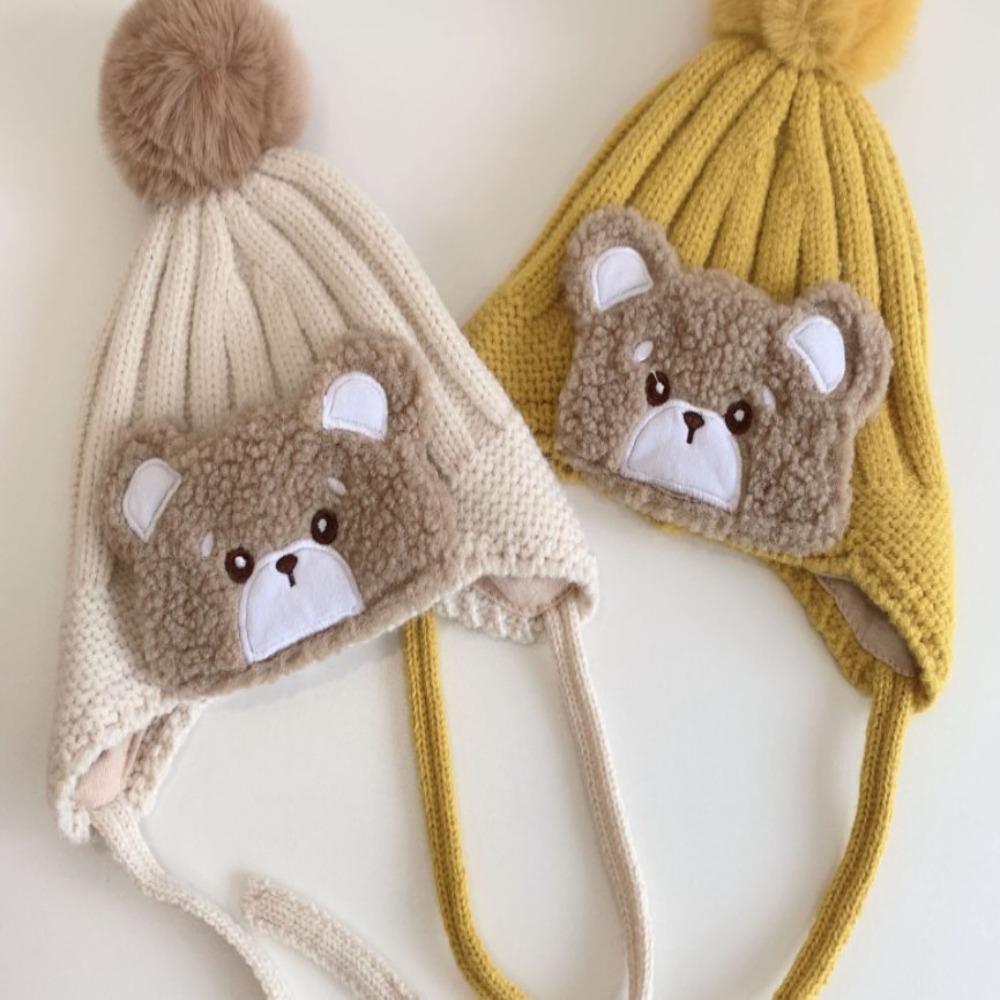 Большая теплая зимняя шапка для малышей с помпоном для мальчиков и девочек, милый мультяшный медведь, толстая защитная шапка для ушей, теплая шапка-пуловер для улицы