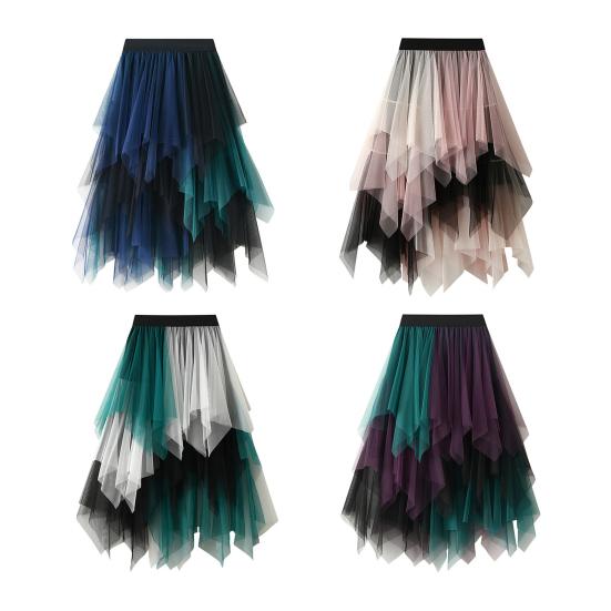 Женская юбка из тюля с высокой талией, плиссированная юбка, асимметричная женская юбка, контрастный цвет, неровный подол, юбка