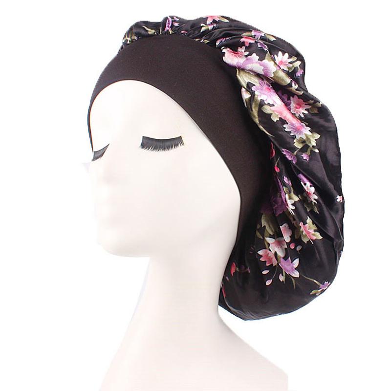 Floral Print Nightcap Women Satin Night Sleep Satin Hair Bonnet Silk Head Cover Wide Elastic Band