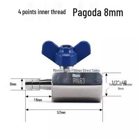 304 Stainless Steel Mini Ball Valve with Butterfly Handle, Internal/External Threads, High Pressure, 4-Way Pagoda Tube Connector.