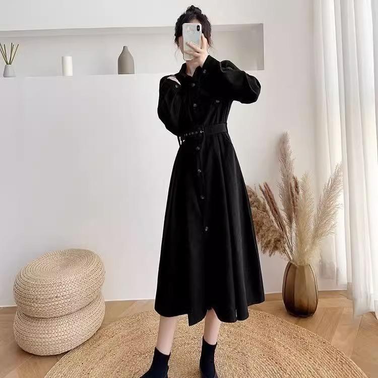 Юбка-рубашка с застежкой на талии для женщин на осень и зиму, новая, средней длины, с утолщенными длинными рукавами, длиной выше колена