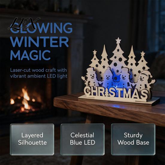 Christmas Home Accents Table Wooden Sign, Vintage Tree Village House Lighted Tabletop Decorative Wood Craft Centerpiece, Winter Indoor Desktop