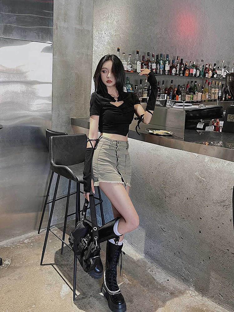 Short Sleeve High Tshirt Street Women Harajuku Summer Hollow Out Slim Design Ins Korean Style Above Navel Cropped Top Allmatch