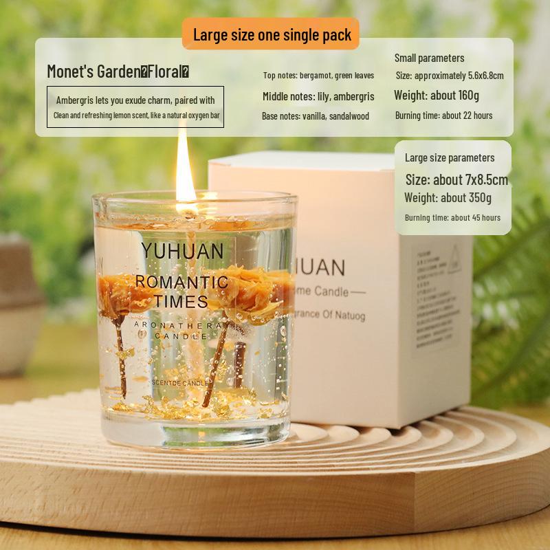 Свеча из соевого воска с ароматом, с настоящим цветком и золотой фольгой - Ароматерапевтическое эфирное масло в стекле с цветочным ароматом.