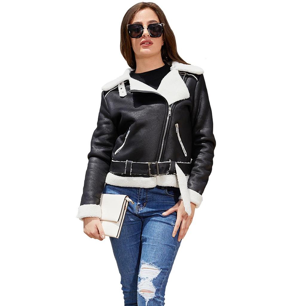 Куртки-бомберы для женщин, замшевая кожаная флисовая подкладка, теплое короткое пальто с лацканами и поясом на молнии, мотоциклетная куртка из искусственной кожи, стильная верхняя одежда, весенне-осенняя одежда