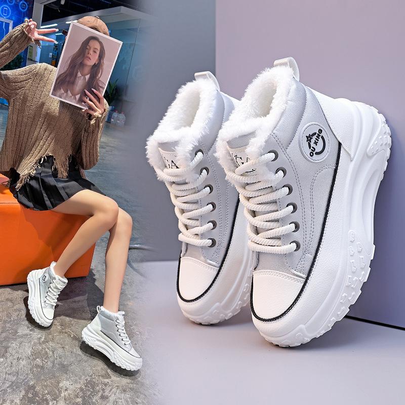 Women's Winter Style Flat Boots Fleece Lined Thickened Warm Cotton Shoes High Top Little White Shoes