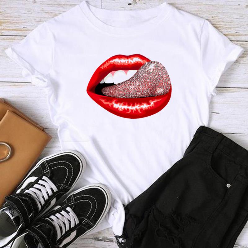 (Asian Size) Fashion Lip Watercolor Style 90s Trend Sweet Print Graphic Tee Female Casual T Clothing Casual Women's Top Short Sleeve T-shirt