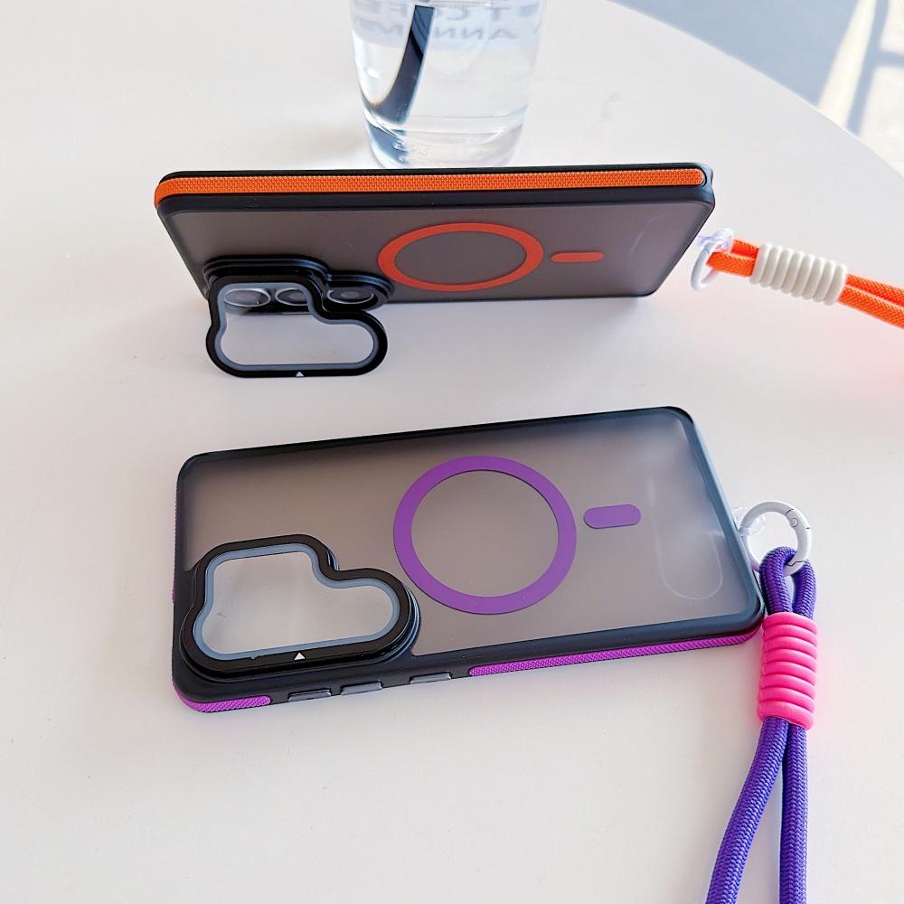 Fold Lens Stand Holder Matte Magnetic Wireless Charge Case For Samsung S26 Ultra S25 S24 S23 Plus S22 Wrist Strap Lanyard Cover