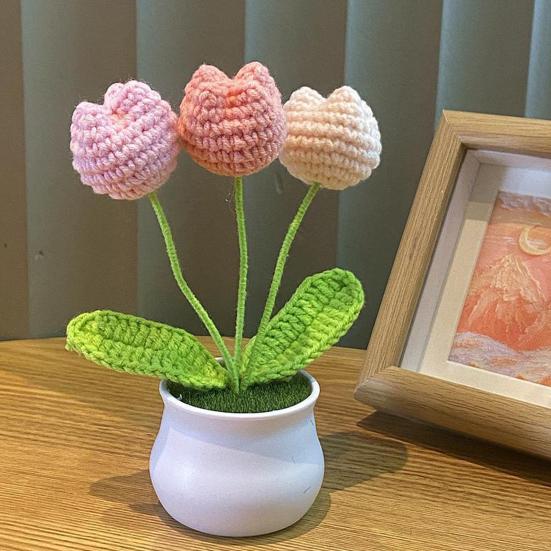 Вязаный вручную горшечный цветок крючком ручной работы Подсолнух Ландыш Тюльпан Горшечные искусственные цветы для домашнего офиса Украшение стола