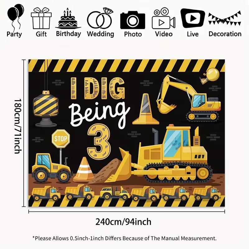 2D Toddler Birthday Background Cloth "I Dig Being 3" Construction Truck Banner for Decor