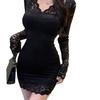 Sexy Underwear Exquisite Black Lace Long-sleeved Hip-wrapped Perspective Short Skirt V-neck Waist Sexy Collarbone Dating Couple