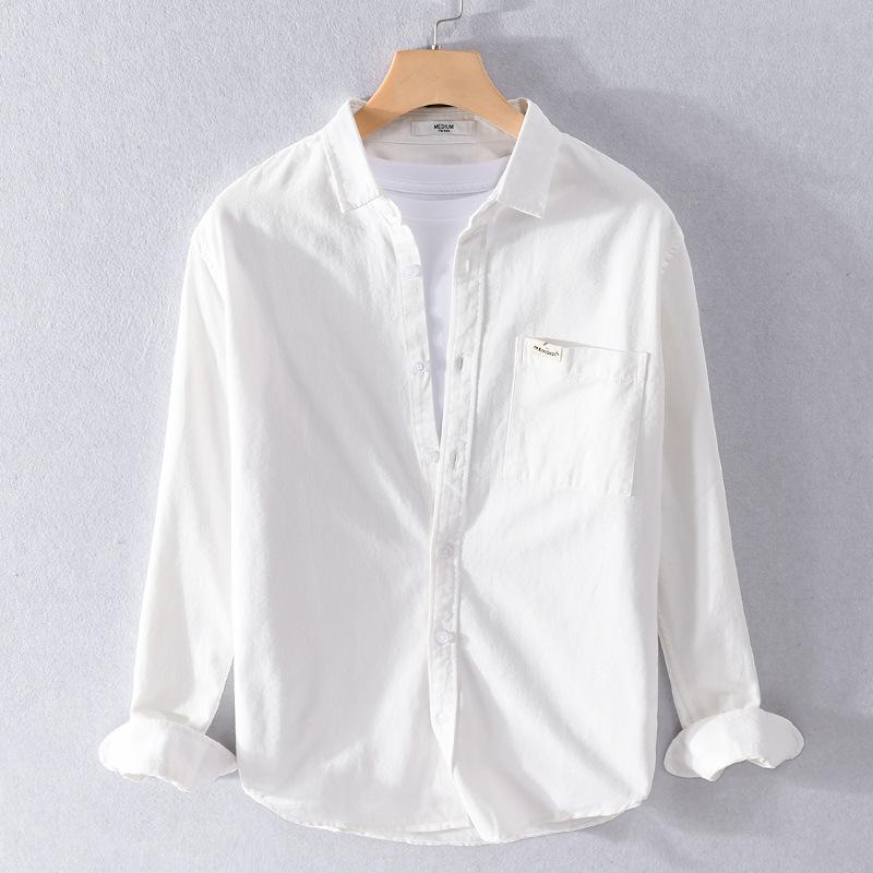 Весенне-летняя мужская рубашка с длинным рукавом в корейском стиле, молодежная повседневная рубашка из чистого хлопка для мужчин, однотонная рубашка с воротником-лацканами, пуговицами и карманом