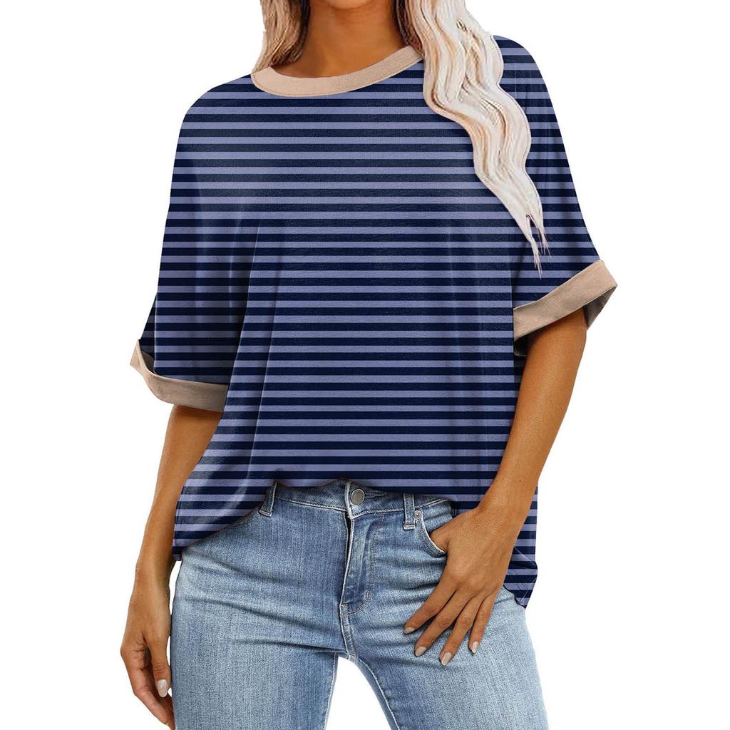 Женская свободная объемная футболка в градиентную полоску с круглым вырезом и длиной до плеч, с короткими рукавами, топ