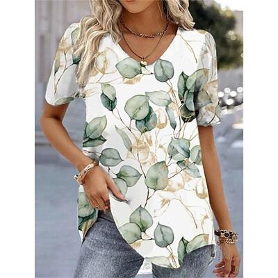 Жен. Футболка Футболка Цветочный принт Праздники Выходные Белый Светло-зеленый Розовый С принтом С короткими рукавами Классический V-образный вырез Обычная посадка