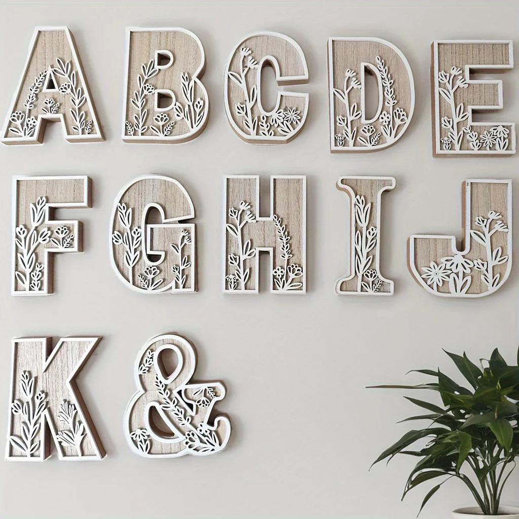 Wooden Alphabet Letters Wall Decor Set Engraved Floral Pattern Home Craft Ornaments Elegant Display for Living Room