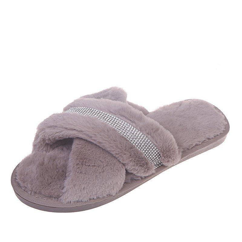 Rhinestone Strips Cross Flat Bottom Fluffy Slippers Women's Autumn and Winter Home Warm Cotton Slippers Comfortable