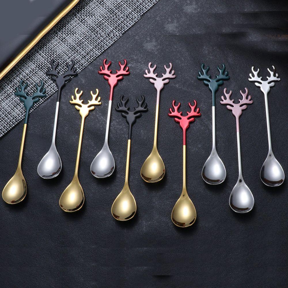 Tableware Christmas Deer Head Stainless Steel Christmas Spoons Tea Scoop Coffee Scoops Xmas Antlers
