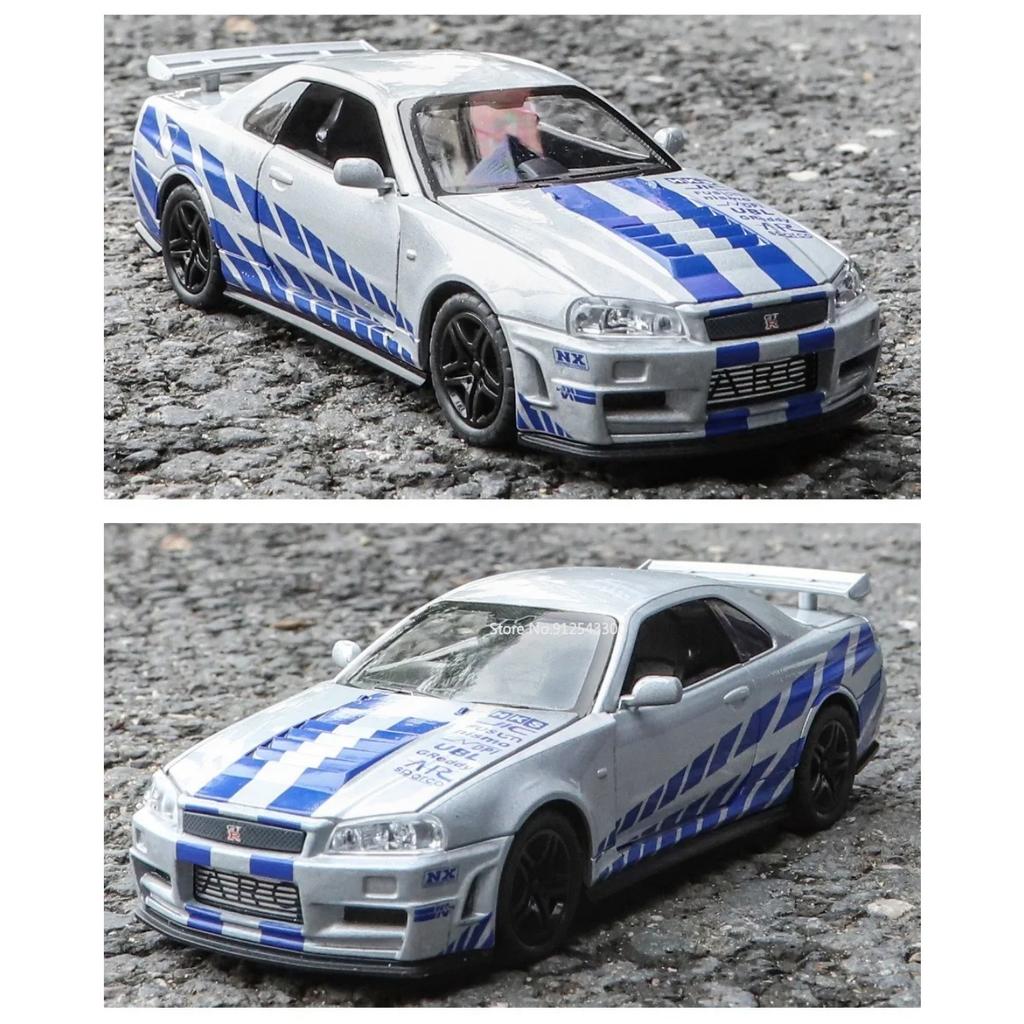 1/32 Nissan GTR R34 Модель автомобиля Игрушки Металлические литые имитационные транспортные средства со светом и инерционными игрушками Коллекция для мальчиков Подарки на праздники
